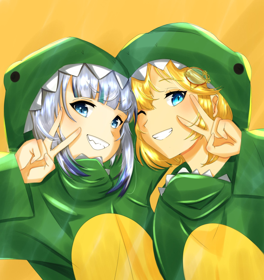 2girls, bangs, blonde_hair, blue_eyes, blue_hair, blunt_bangs, dinosaur_costume, eyebrows_visible_through_hair