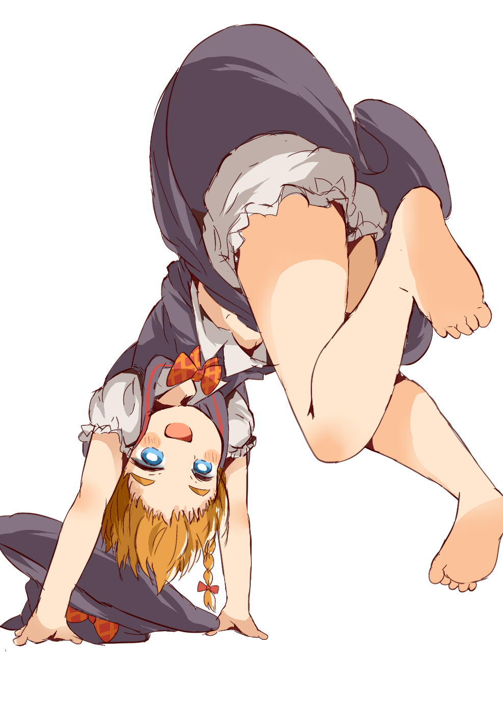 1girl, :d, barefoot, black_headwear, black_skirt, black_vest, bloomers, blue_eyes