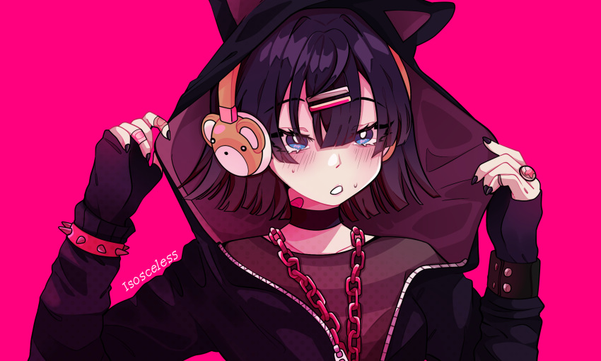 1girl, :o, animal_hood, arms_up, artist_name, bandaid, bandaid_on_hand, bandaid_on_neck