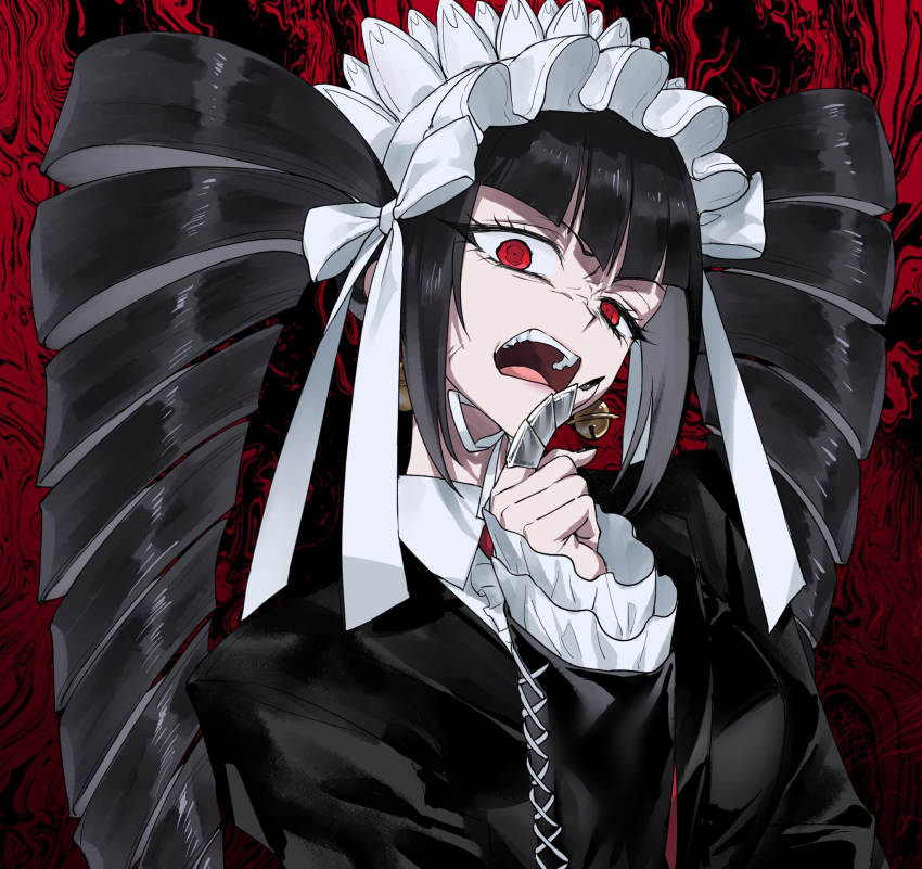 1girl, angry, bangs, black_background, black_hair, black_jacket, black_nails, celestia_ludenberg