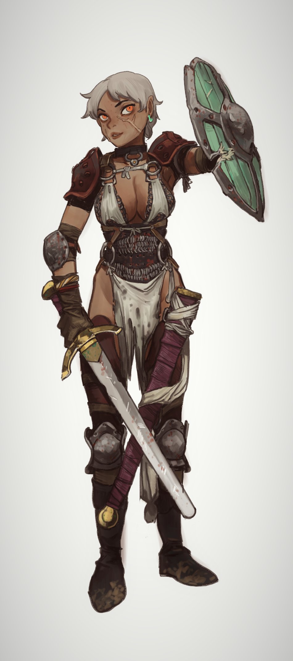 1girl, armor, black_choker, boots, borrowed_character, breasts, chainmail, choker