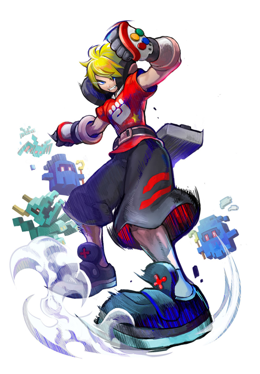 #compass, 1boy, ahoge, arms_up, bangs, bat, belt, black_gloves, black_shorts, blonde_hair, blue_eyes, blue_footwear, clenched_hands, creature, dragon, dust, flying_sweatdrops, full_body, gloves, grin, happy, headphones, hidekazu_(hidekazu_king), highres, juumonji_atari, light_trail, looking_at_viewer, male_focus, motion_lines, red_shirt, shirt, shoes, short_hair, short_sleeves, shorts, simple_background, smile, sneakers, socks, solo_focus, standing, star_(symbol), teeth, third-party_source, vambraces, white_background, white_legwear