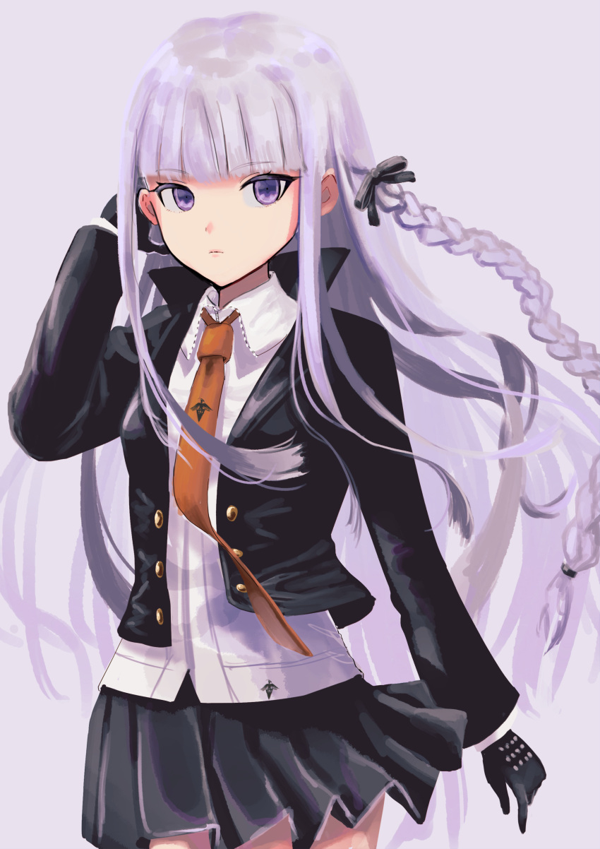 1girl, absurdres, bangs, black_ribbon, black_skirt, braid, brown_necktie, closed_mouth