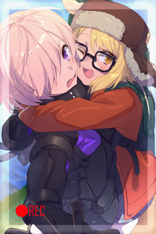 2girls, alligator, bangs, black_gloves, blonde_hair, blue_skirt, blush, breasts