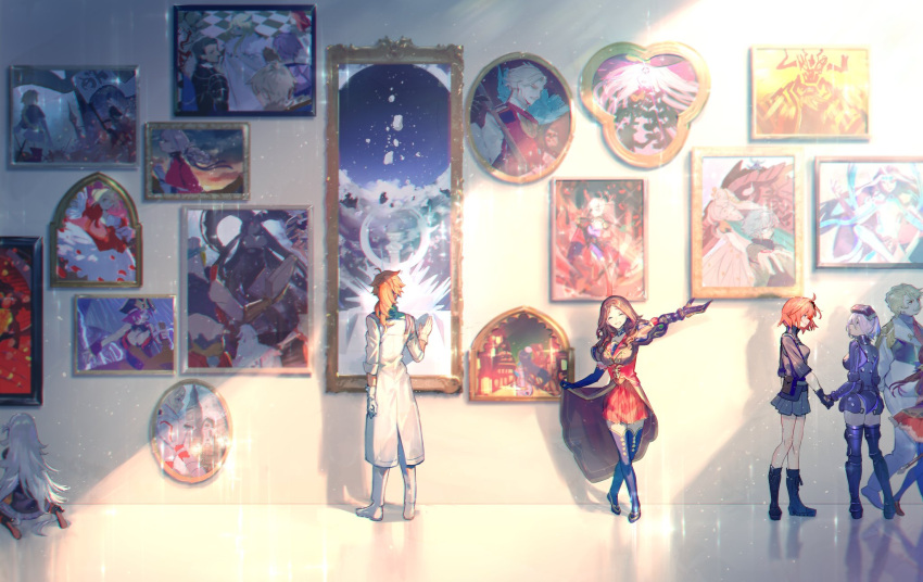 3boys, 3girls, abigail_williams_(fate), abigail_williams_(third_ascension)_(fate), agravain_(fate), anastasia_(fate), annotated, armor, art_gallery, artoria_pendragon_(fate), artoria_pendragon_(lancer)_(fate), black_gloves, blonde_hair, blush, breasts, brown_hair, closed_eyes, commentary_request, elbow_gloves, facial_hair, facing_away, facing_viewer, fate/grand_order, fate_(series), florence_nightingale_(fate), francis_drake_(fate), fujimaru_ritsuka_(female), fujimaru_ritsuka_(female)_(polar_chaldea_uniform), gawain_(fate), gilgamesh_(caster)_(fate), gilgamesh_(fate), gloves, goredolf_musik, highres, indoors, ivan_the_terrible_(fate), james_moriarty_(fate), jeanne_d'arc_(fate), jeanne_d'arc_(ruler)_(fate), jeanne_d'arc_alter_(avenger)_(fate), jeanne_d'arc_alter_(fate), kadoc_zemlupus, labcoat, lancelot_(fate/grand_order), large_breasts, leonardo_da_vinci_(fate), leonardo_da_vinci_(rider)_(fate), long_hair, looking_at_another, looking_away, mash_kyrielight, mash_kyrielight_(ortenaus), mebaru, merlin_(fate), miyamoto_musashi_(fate), mordred_(fate), mordred_(fate/apocrypha), multiple_boys, multiple_girls, mustache, nero_claudius_(fate), nero_claudius_(fate/extra), olga_marie_animusphere, open_mouth, painting_(object), pink_hair, quetzalcoatl_(fate), romani_archaman, scheherazade_(fate), seiza, shi_huang_di_(fate), silver_hair, sitting, smile, standing, surtr_(fate), tiamat_(fate), tristan_(fate), white_gloves