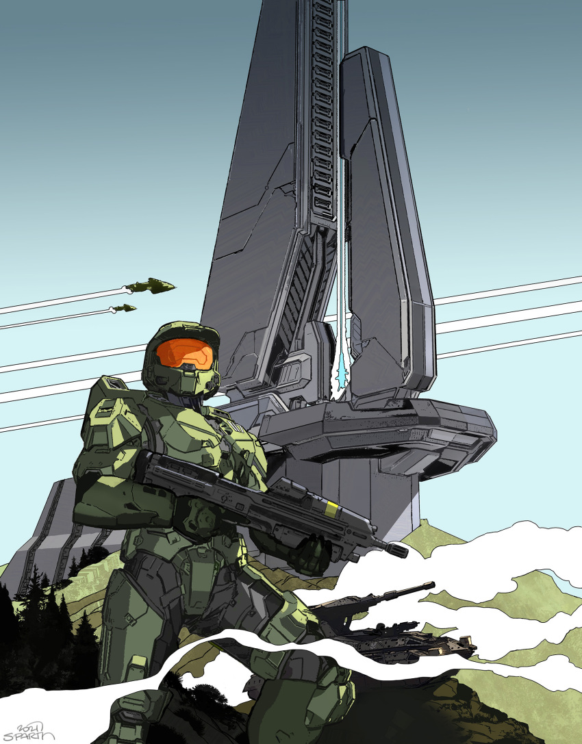 1boy, absurdres, armor, assault_rifle, bullpup, ground_vehicle, gun, halo_(series), halo_infinite, highres, holding, holding_gun, holding_weapon, male_focus, master_chief, military, military_vehicle, motor_vehicle, pelican_(halo), power_armor, rifle, science, signature, smoke, tank, tower, tree, trigger_discipline, visor, weapon