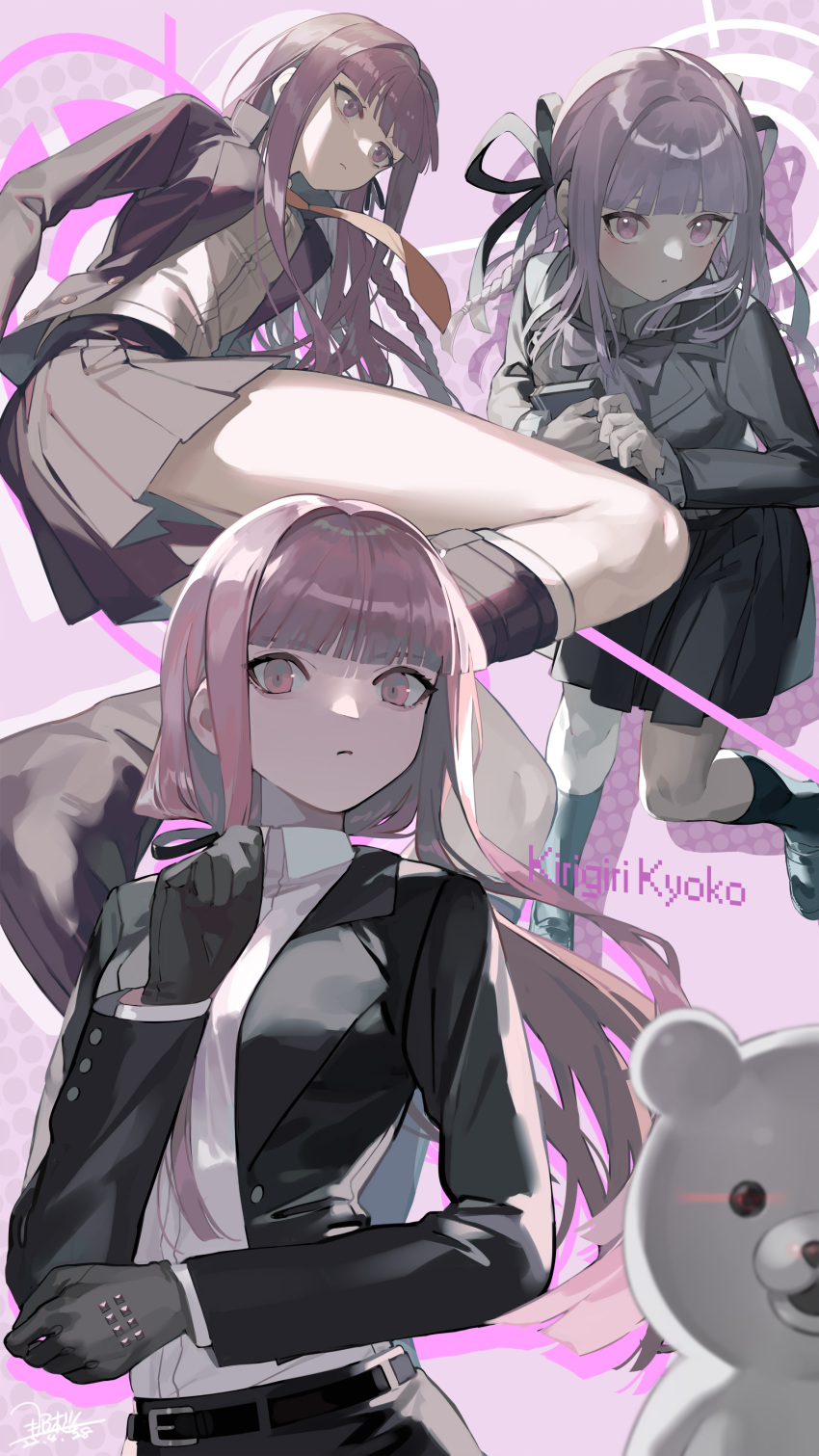 1girl, absurdres, bangs, belt, black_belt, black_gloves, black_jacket, black_ribbon, black_skirt, blunt_bangs, boots, bow, bowtie, braid, character_name, danganronpa:_trigger_happy_havoc, danganronpa_(series), danganronpa_3_(anime), danganronpa_kirigiri, gloves, hair_intakes, hair_ribbon, highres, holding, jacket, kirigiri_kyouko, knee_boots, long_hair, long_sleeves, monokuma, multiple_views, nao_(syn_eaa), open_clothes, open_jacket, pleated_skirt, ponytail, ribbon, shiny, shiny_hair, shirt, skirt, twin_braids, twintails, white_shirt