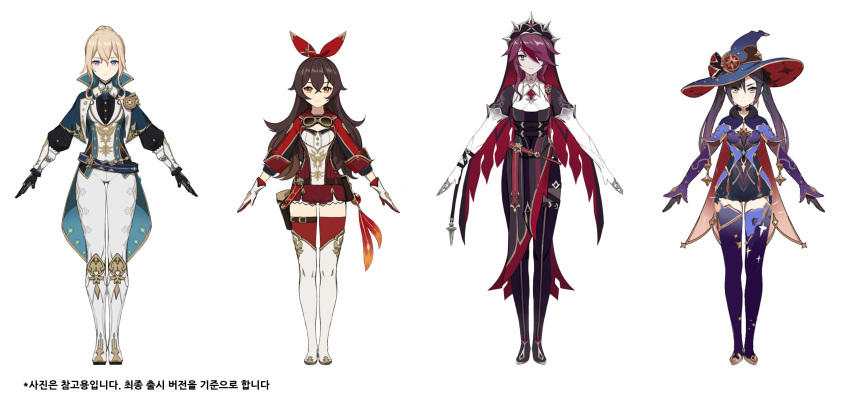 4girls, adapted_costume, amber_(genshin_impact), armor, bangs, belt, black_choker, black_gloves