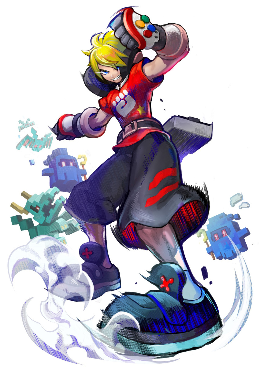 #compass, 1boy, ahoge, arms_up, bangs, bat, belt, black_gloves, black_shorts, blonde_hair, blue_eyes, blue_footwear, clenched_hands, creature, dragon, dust, flying_sweatdrops, full_body, gloves, grin, happy, harapeko_yuusha_to_hoshi_no_megami, headphones, hidekazu_(hidekazu_king), highres, juumonji_atari, light_trail, looking_at_viewer, male_focus, motion_lines, red_shirt, shirt, shoes, short_hair, short_sleeves, shorts, simple_background, smile, sneakers, socks, solo_focus, standing, star_(symbol), teeth, third-party_source, vambraces, white_background, white_legwear
