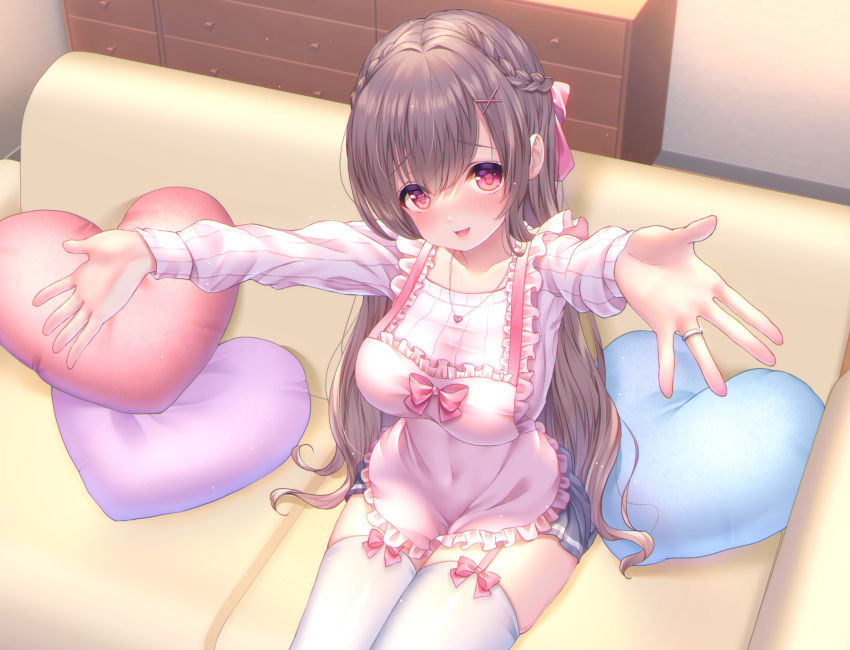 1girl, apron, bangs, black_skirt, braid, brown_hair, collarbone, couch