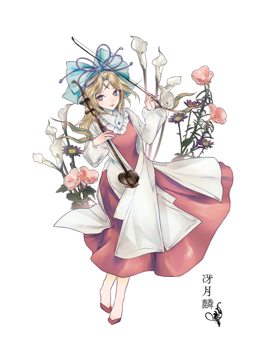 1girl, blonde_hair, dress, flower, flower_request, full_body, gin_fragrans, hair_ribbon