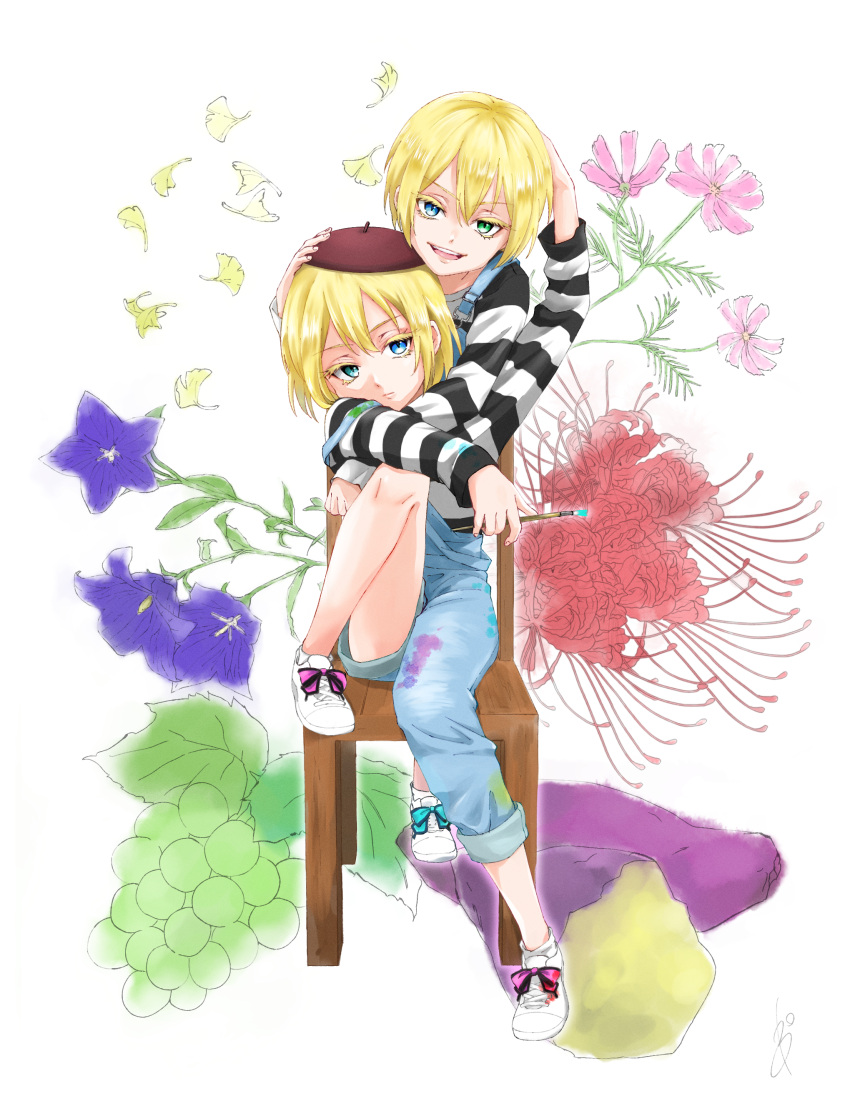 2boys, absurdres, androgynous, blonde_hair, blue_eyes, brothers, chair, facing_viewer
