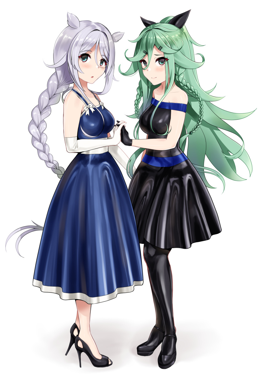 2girls, absurdres, alternate_costume, bangs, black_dress, black_footwear, black_gloves, black_ribbon, blue_dress, blue_eyes, braid, breasts, dress, elbow_gloves, gloves, green_eyes, green_hair, hair_between_eyes, hair_flaps, hair_ornament, hair_ribbon, hairclip, high_heels, highres, holding_hands, kantai_collection, long_hair, medium_breasts, minase_(takaoka_nanase), multiple_girls, parted_bangs, ponytail, ribbon, sidelocks, silver_hair, single_braid, sleeveless, sleeveless_dress, standing, twin_braids, umikaze_(kancolle), umikaze_kai_ni_(kancolle), very_long_hair, white_gloves, yamakaze_(kancolle), yamakaze_kai_ni_(kancolle)