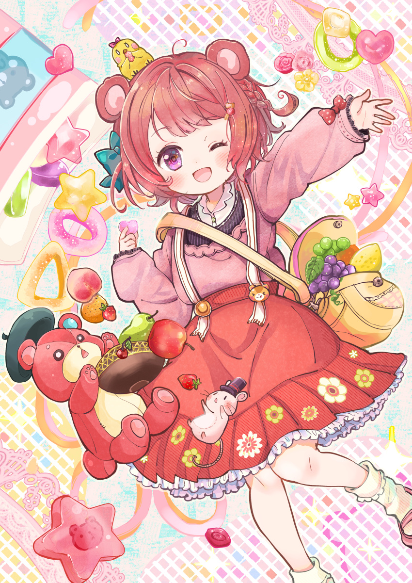 1girl, :d, absurdres, animal_ears, ankle_socks, bag, bangs, bear