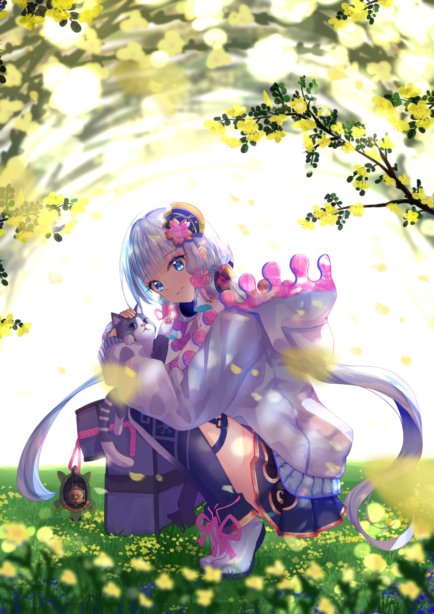 1girl, absurdres, blue_eyes, blue_hair, cat, genshin_impact, highres, kamisato_ayaka, long_hair, solo, user_htzc5582