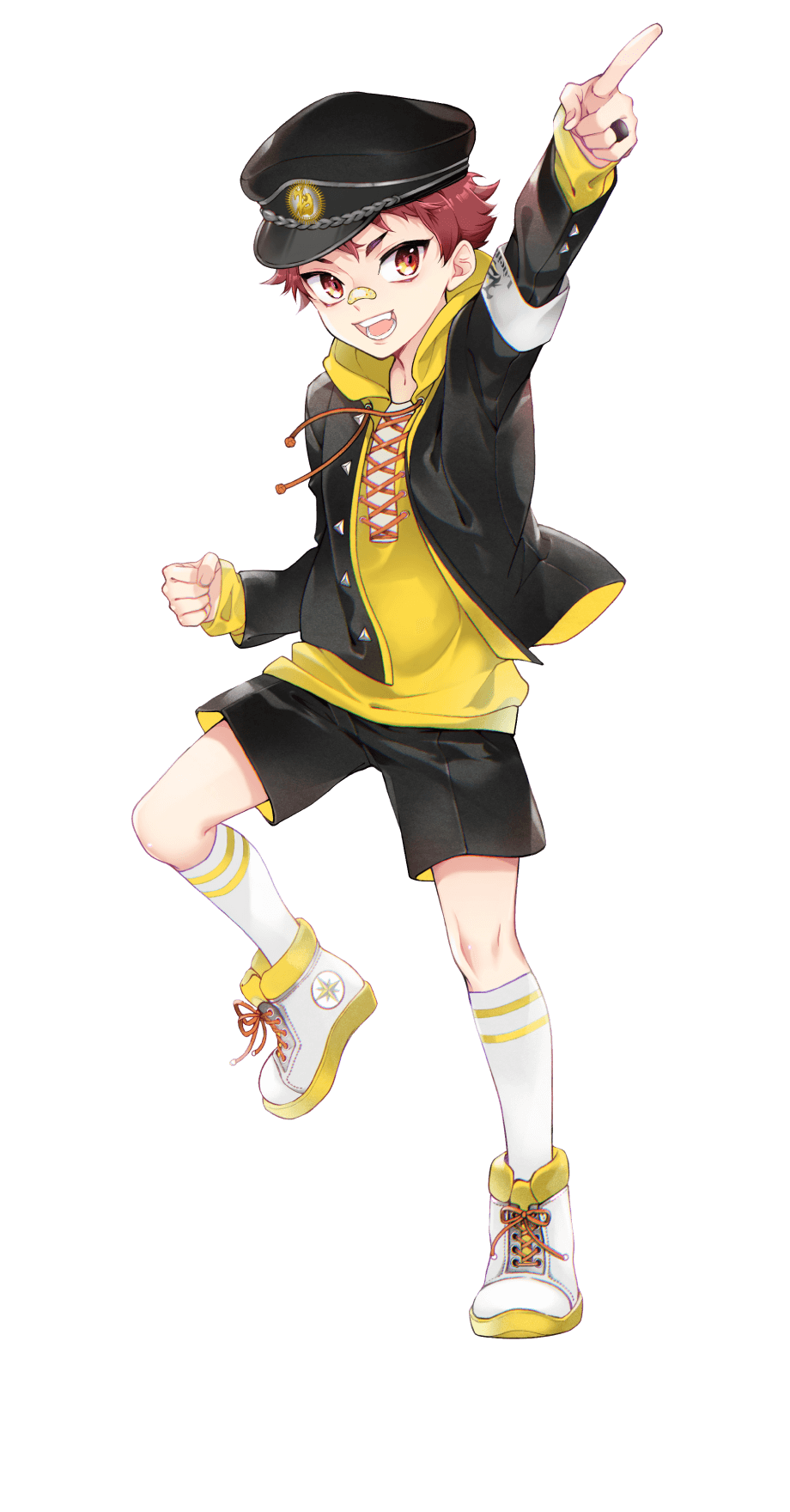 1boy, atarashi_hajime, bandaid, full_body, hat, highres, idol_show_time, long_sleeves, looking_at_viewer, male_focus, official_art, pointing, red_eyes, redhead, sakondo_eri, shoes, short_hair, smile, socks, solo, white_background