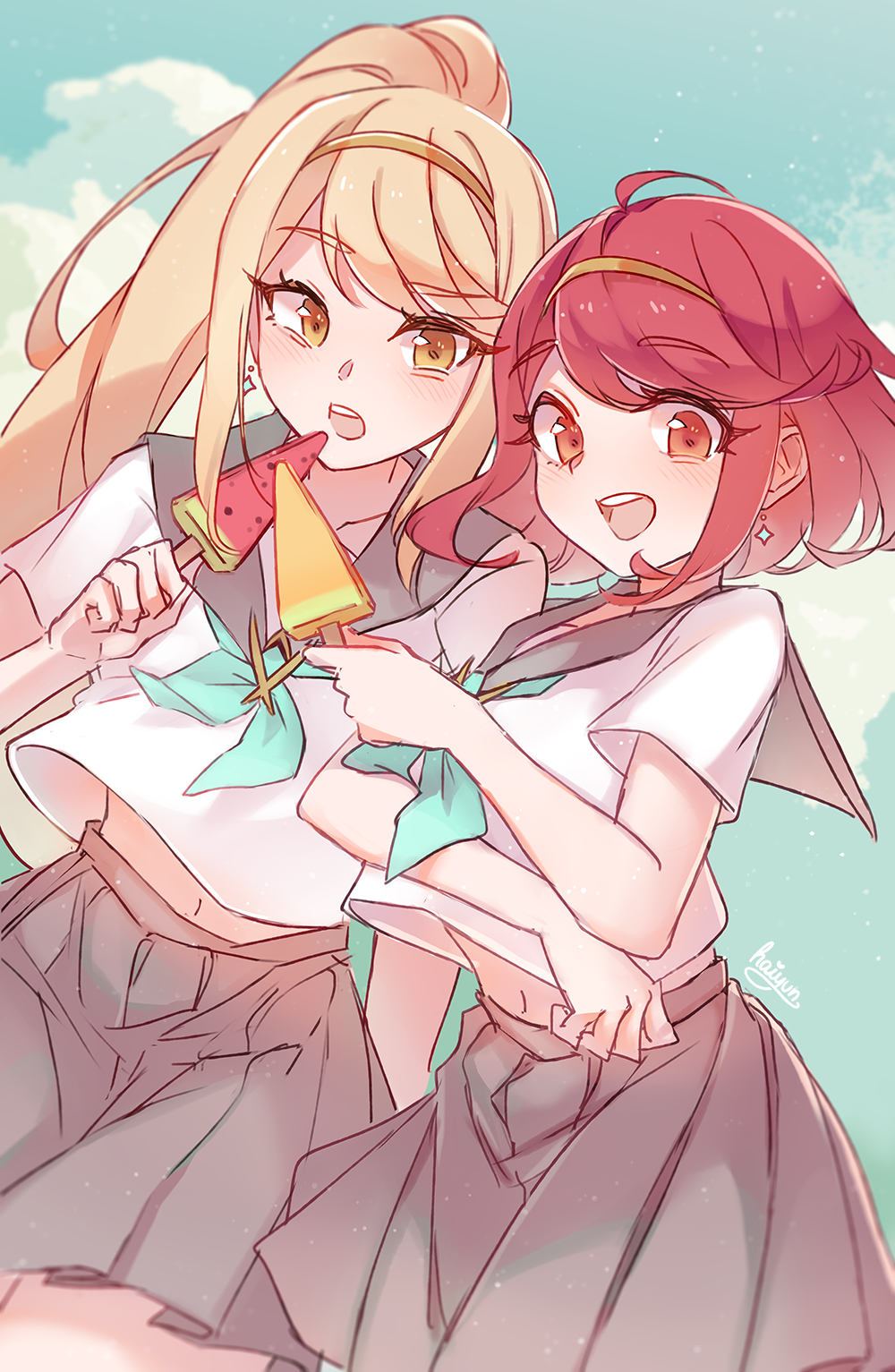 2girls, aqua_neckerchief, artist_name, blonde_hair, blue_sky, blush, clouds, commentary_request