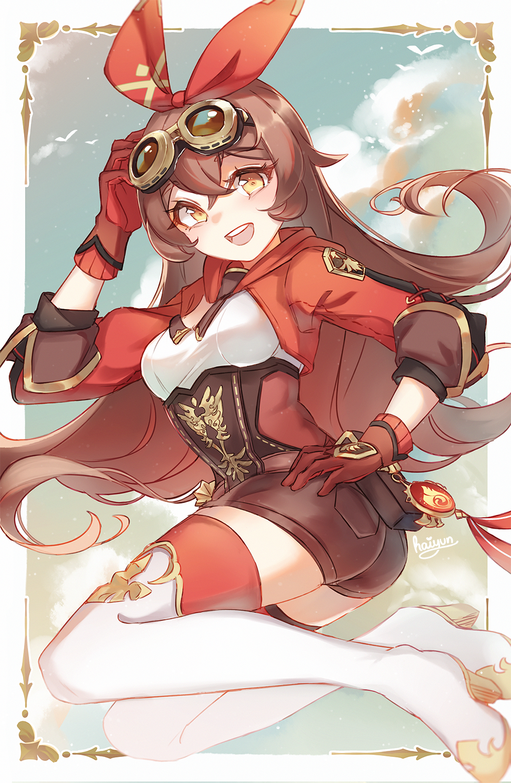 1girl, amber_(genshin_impact), boots, border, brown_hair, brown_shorts, commentary, genshin_impact, gloves, goggles, goggles_on_head, hair_ribbon, haiyun, hand_up, highres, jacket, long_hair, open_mouth, red_gloves, red_jacket, red_ribbon, ribbon, shorts, sleeves_past_elbows, smile, solo, teeth, thigh-highs, thigh_boots, upper_teeth, white_border, white_legwear, yellow_eyes, zettai_ryouiki