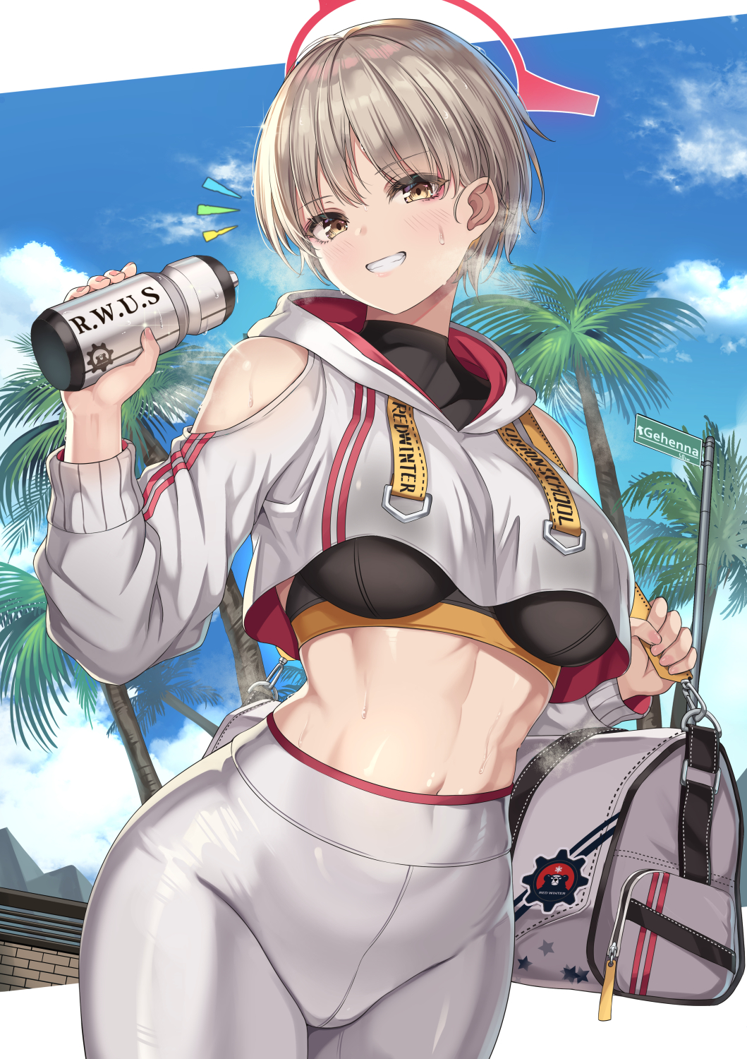 1girl, bag, bangs, blue_archive, blue_sky, bottle, breasts, brown_hair