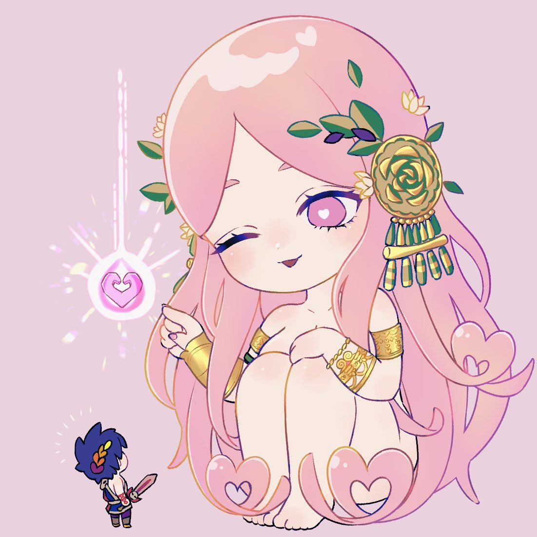 1boy, 1girl, aphrodite_(hades), armlet, black_hair, bracelet, chibi, clothed_male_nude_female