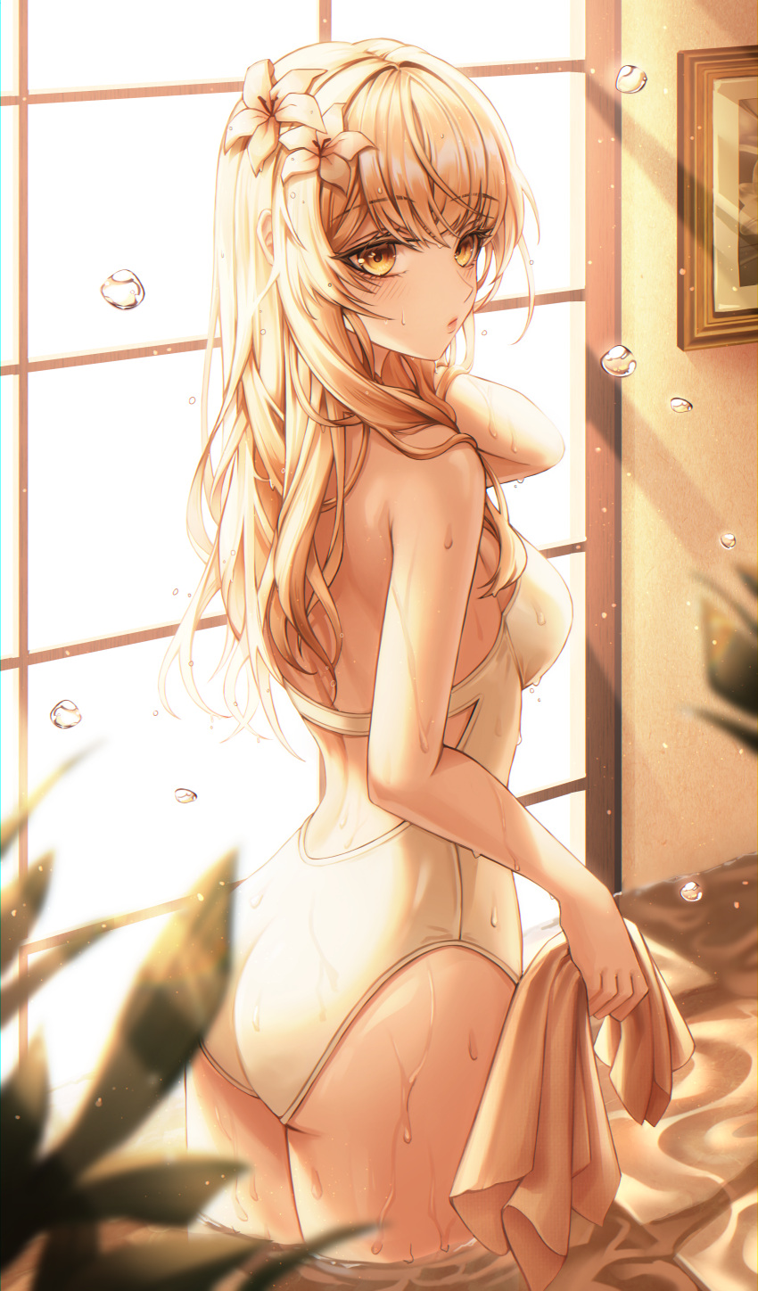1girl, absurdres, alternate_hair_length, alternate_hairstyle, ass, bangs, blonde_hair, blurry