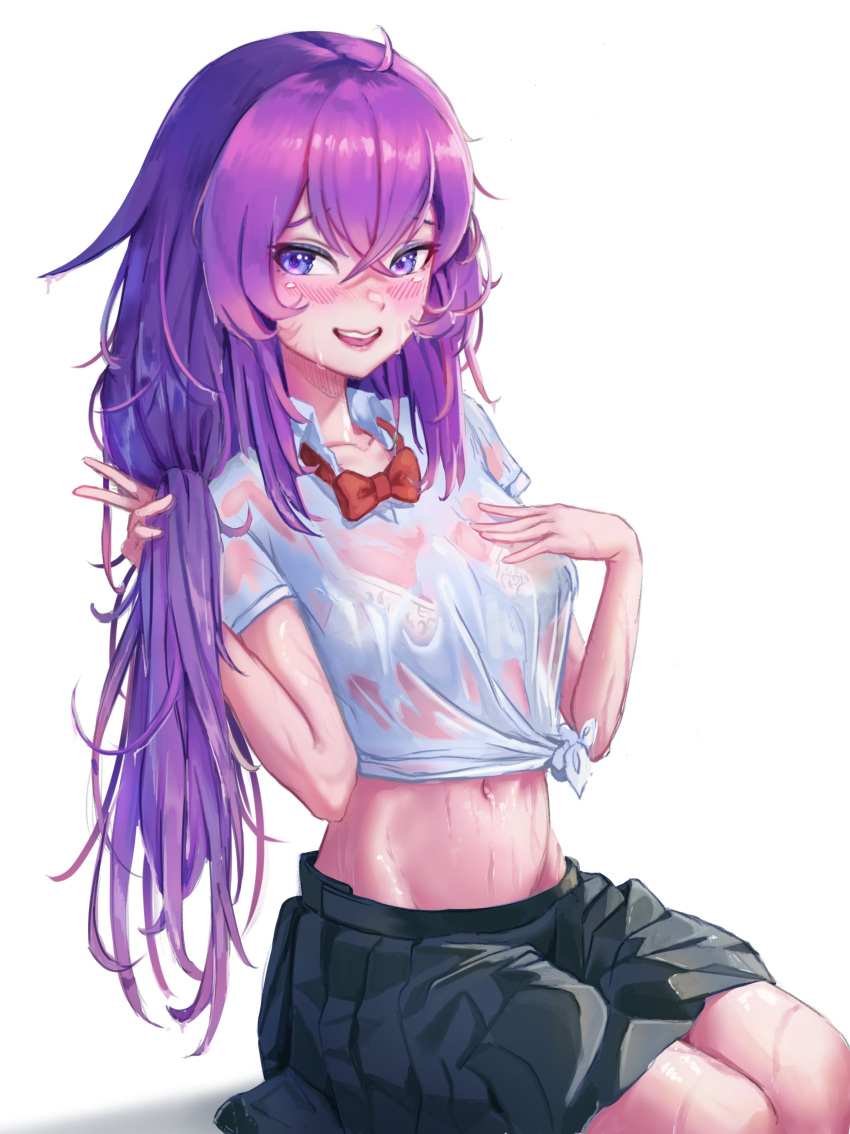 1girl, absurdres, ahoge, alchemilla_menace, bangs, black_skirt, blush, bow