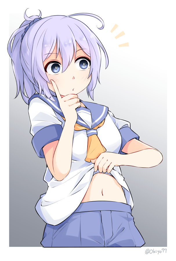 1girl, ahoge, aoba_(kancolle), blue_eyes, blue_scrunchie, clothes_lift, commentary_request, kantai_collection, navel, neckerchief, okitarou_(okiyo), ponytail, purple_hair, purple_sailor_collar, purple_shorts, sailor_collar, school_uniform, scrunchie, serafuku, shirt_lift, shorts, solo, yellow_neckerchief