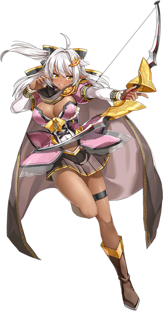 1girl, ahoge, ankle_boots, artist_request, bangs, boots, bow, bow_(weapon), breasts, brown_footwear, cape, dark-skinned_female, dark_skin, epic_seven, full_body, hair_ornament, hand_up, holding, holding_bow_(weapon), holding_weapon, large_breasts, long_sleeves, medium_hair, official_art, open_mouth, outstretched_arm, silkyia_yula_safayena, simple_background, solo, thigh_strap, third-party_source, transparent_background, wanderer_silk, weapon, white_hair, yellow_eyes