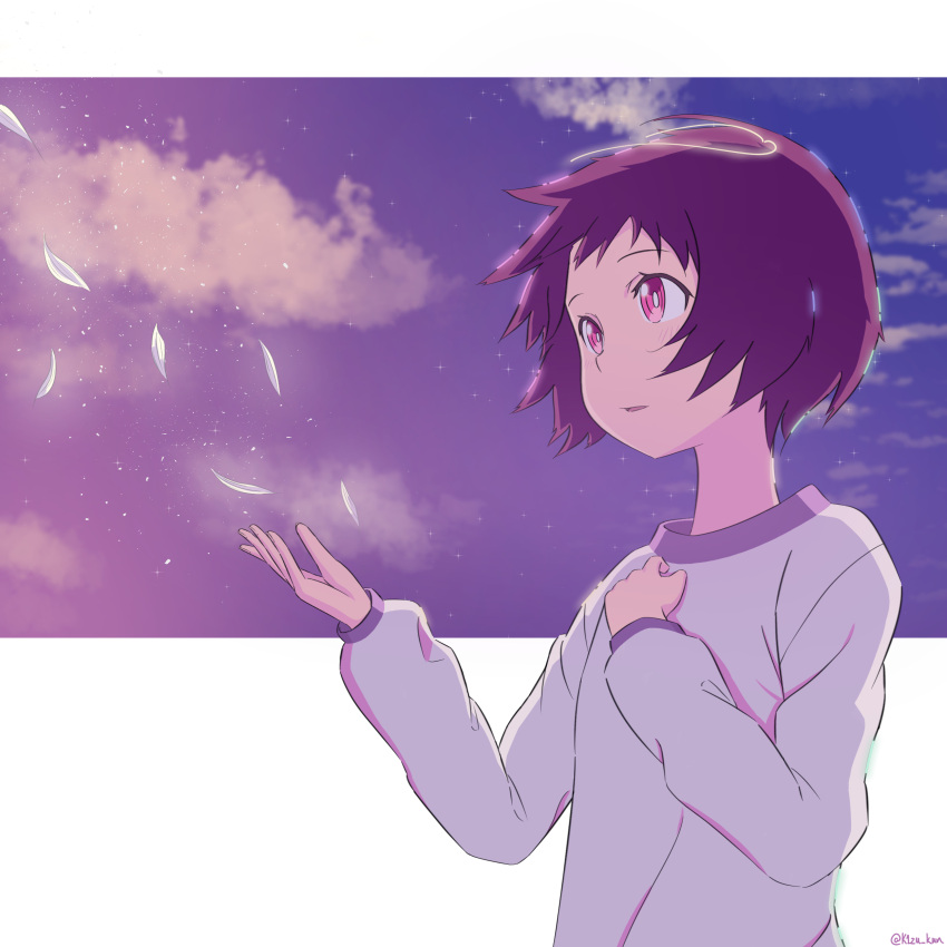 1girl, absurdres, brown_hair, eiga_daisuki_pompo-san, hand_up, highres, kizu-kun, long_sleeves, looking_to_the_side, natalie_woodward, outdoors, petals, red_eyes, shirt, short_hair, solo, standing, upper_body, white_shirt