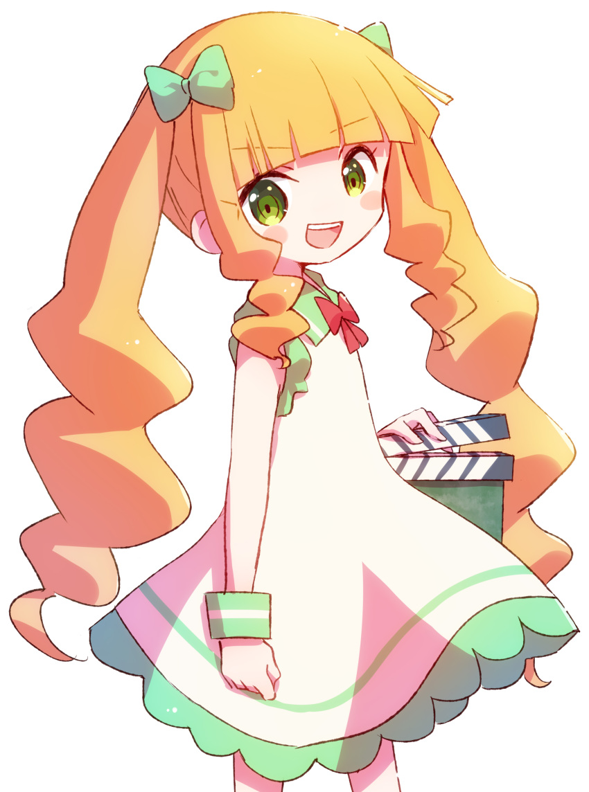 1girl, absurdres, blonde_hair, blush, bow, clapperboard, clenched_hand, dress, eiga_daisuki_pompo-san, green_bow, green_eyes, hair_bow, highres, joelle_pomponett, nyaa_(nnekoron), sidelocks, simple_background, sleeveless, sleeveless_dress, solo, standing, twintails, white_background, white_dress, wristband