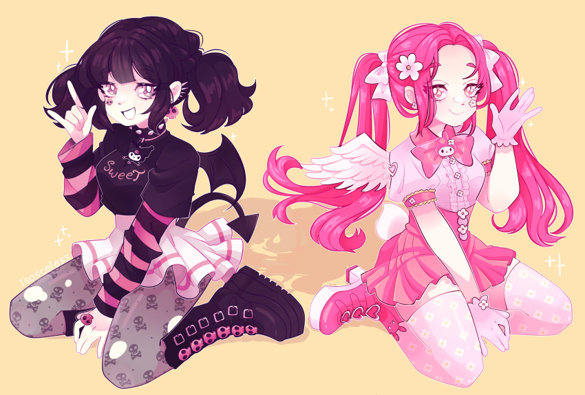 2girls, absurdres, angel_wings, arm_between_legs, artist_name, bangs, belt_boots, black_hair