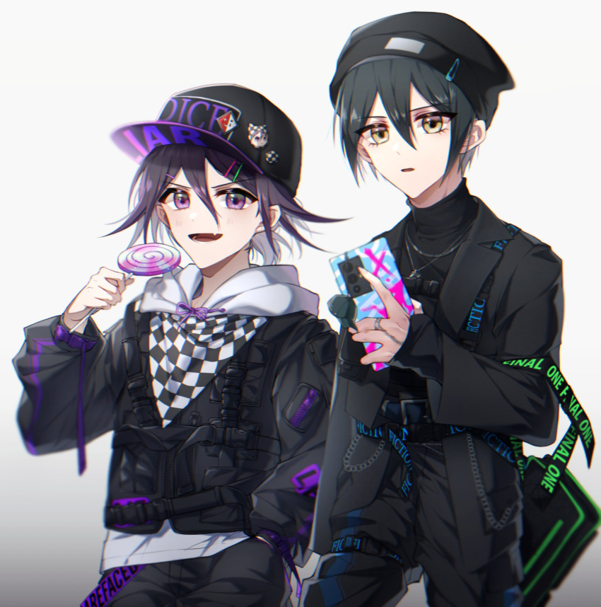 2boys, alternate_costume, bangs, baseball_cap, beanie, black_hair, black_headwear, black_jacket