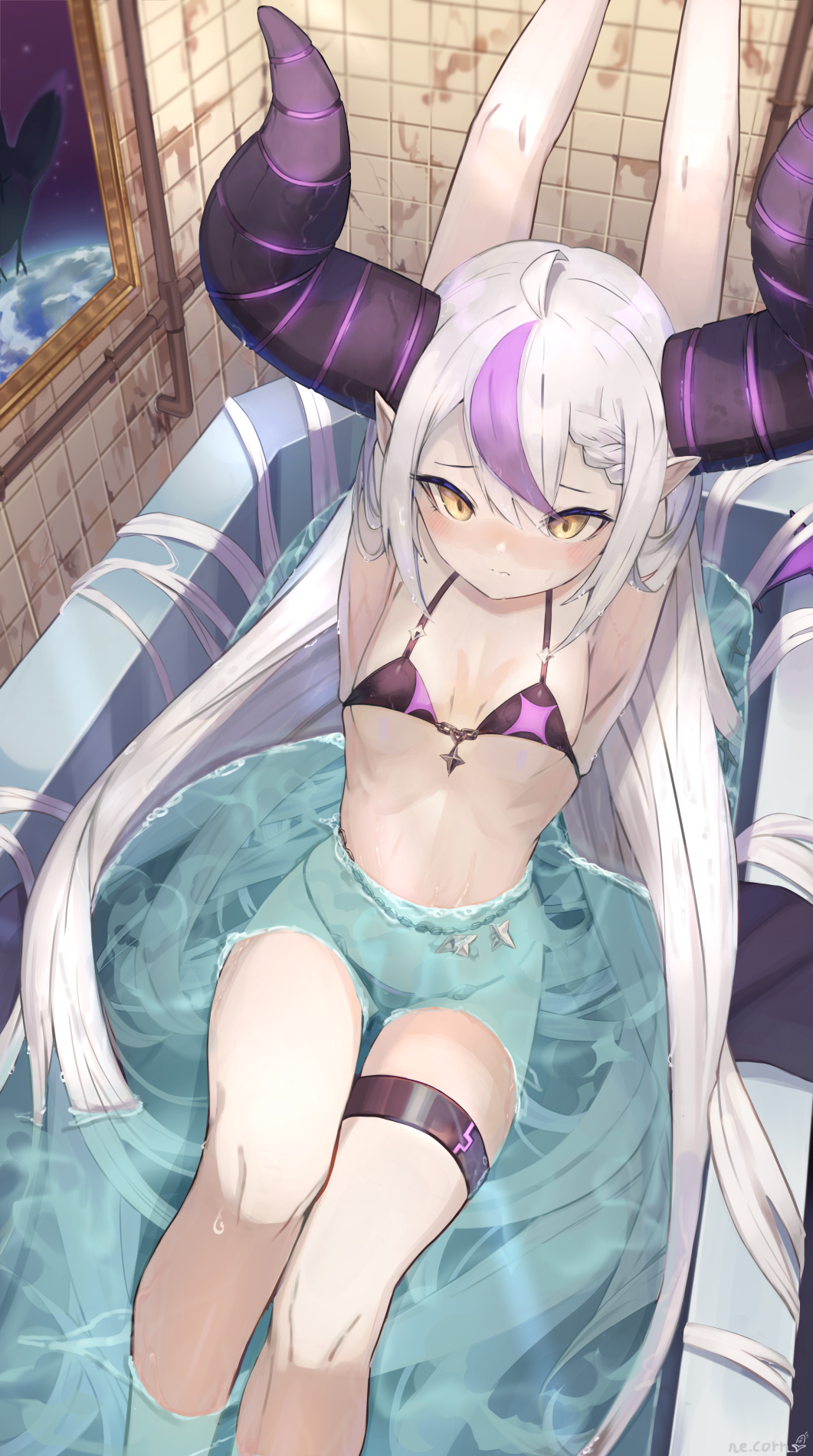 1girl, ahoge, armpits, arms_up, bangs, bathtub, bikini, black_bikini