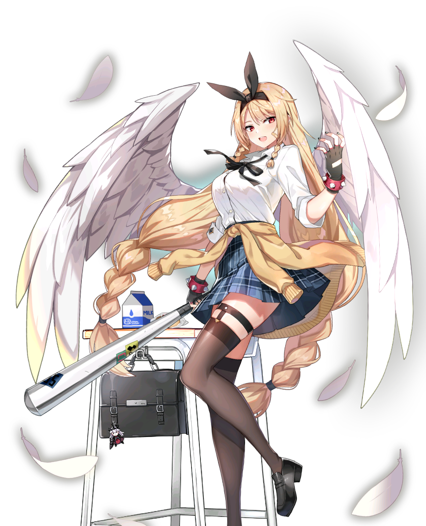 1girl, arm_at_side, artist_request, bag, bangs, baseball_bat, black_gloves, black_hairband