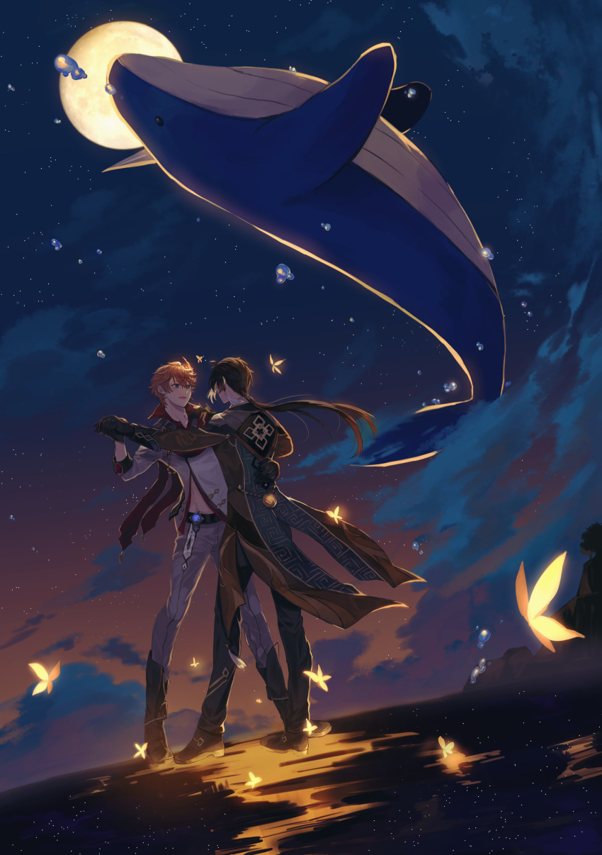 2boys, absurdres, animal, black_footwear, black_gloves, black_sky, black_suit, blue_eyes, blush, boots, brown_hair, bug, butterfly, commentary_request, dancing, earrings, formal, full_body, full_moon, genshin_impact, gloves, grey_pants, grey_shirt, half_gloves, highres, holding_hands, jewelry, kanangnsn, long_hair, looking_at_another, low_ponytail, male_focus, mask, mask_on_head, moon, multiple_boys, narwhal, necktie, night, night_sky, open_clothes, open_shirt, orange_eyes, orange_hair, oversized_animal, pants, red_mask, red_scarf, scarf, shirt, single_earring, sky, smile, suit, tailcoat, tartaglia_(genshin_impact), tassel, tassel_earrings, vision_(genshin_impact), white_necktie, zhongli_(genshin_impact)
