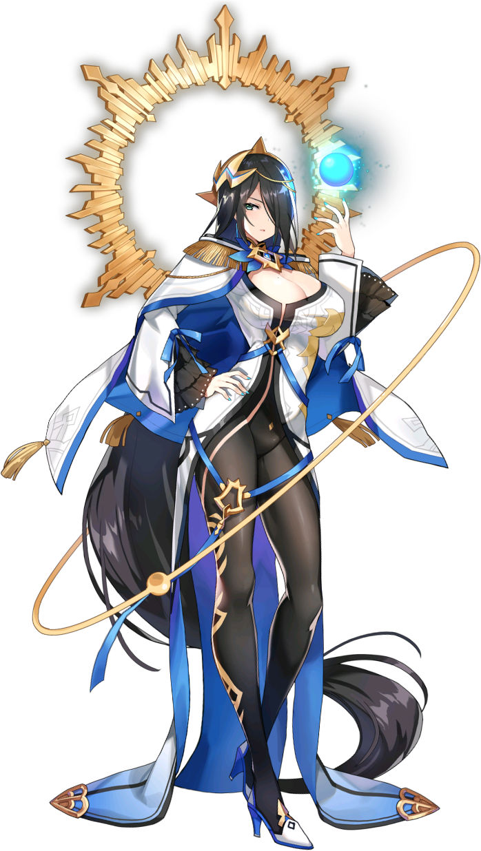 1girl, absurdly_long_hair, artist_request, black_hair, blue_nails, breasts, brooch, cape