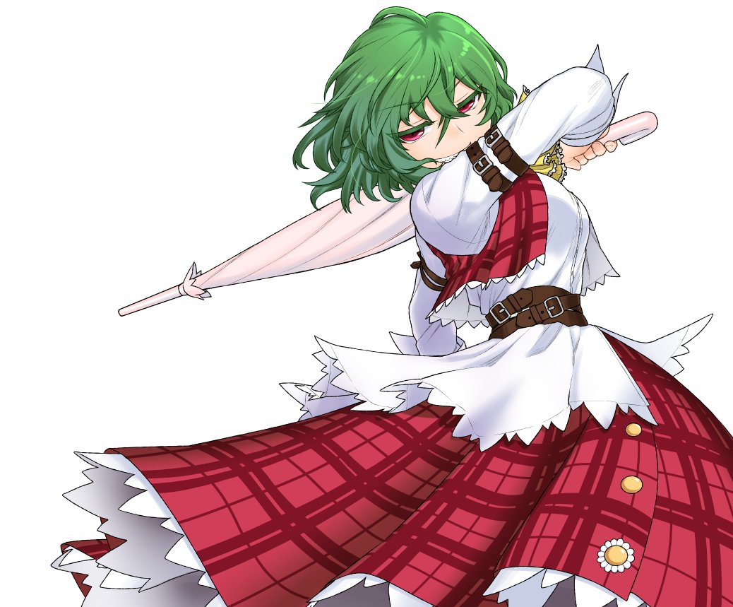 1girl, arm_strap, ascot, belt, commentary, eyebrows_visible_through_hair, flower_button, green_hair