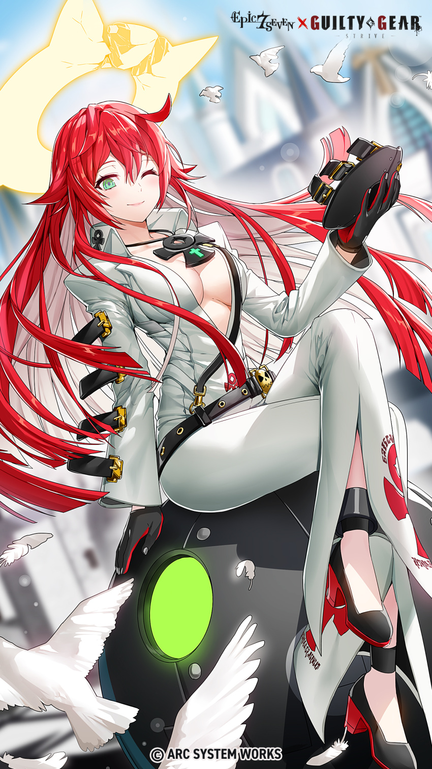 1girl, absurdres, ankh_necklace, artist_request, bangs, belt, bird, black_gloves