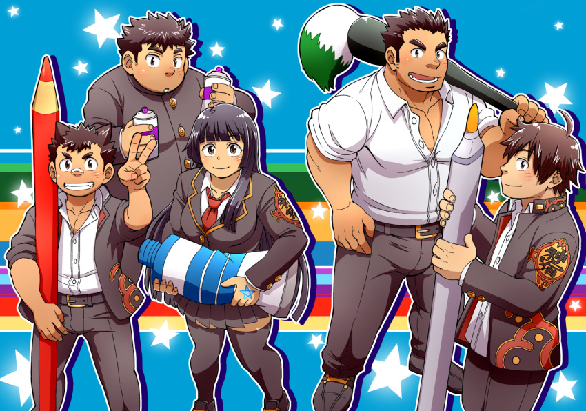 1girl, 4boys, bandaid, bandaid_on_face, bandaid_on_nose, bangs, black_hair, blunt_bangs