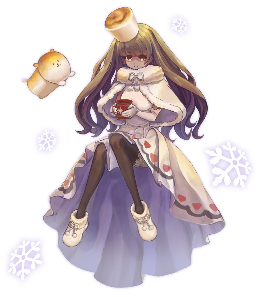 1girl, bow, brown_hair, closed_mouth, cocoa_cookie, cookie_run, cup, dark-skinned_female, dark_skin, dress, hat, highres, humanization, long_hair, mug, pantyhose, personification, plus_no_p, smile, snowflakes, solo, straight_hair, white_dress, white_footwear, winter_clothes
