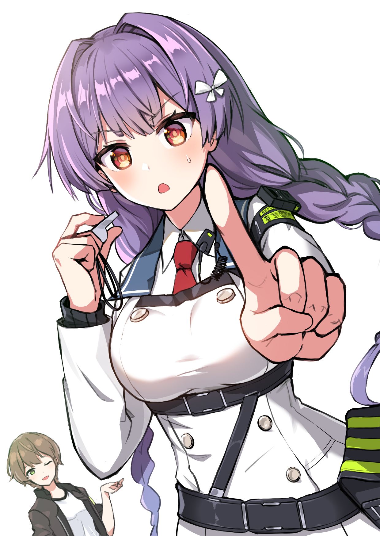 2girls, ;d, arm_pouch, armband, bangs, belt, blush, bow