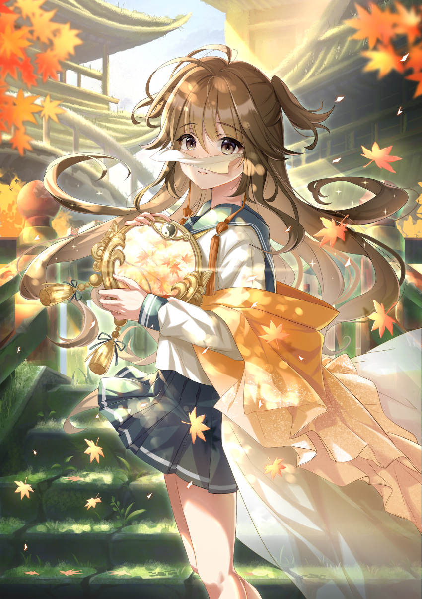 1girl, absurdres, antenna_hair, architecture, autumn_leaves, blurry, brown_hair, building