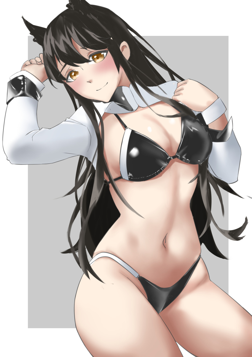 1girl, absurdres, animal_ears, arm_up, atago_(azur_lane), atago_(stunning_speedster)_(azur_lane), azur_lane, bangs, bikini, black_bikini, black_hair, blush, breasts, casperrin, commentary, cowboy_shot, groin, hand_up, highres, long_hair, long_sleeves, looking_at_viewer, medium_breasts, navel, shrug_(clothing), smile, solo, stomach, swimsuit, thighs, very_long_hair, yellow_eyes