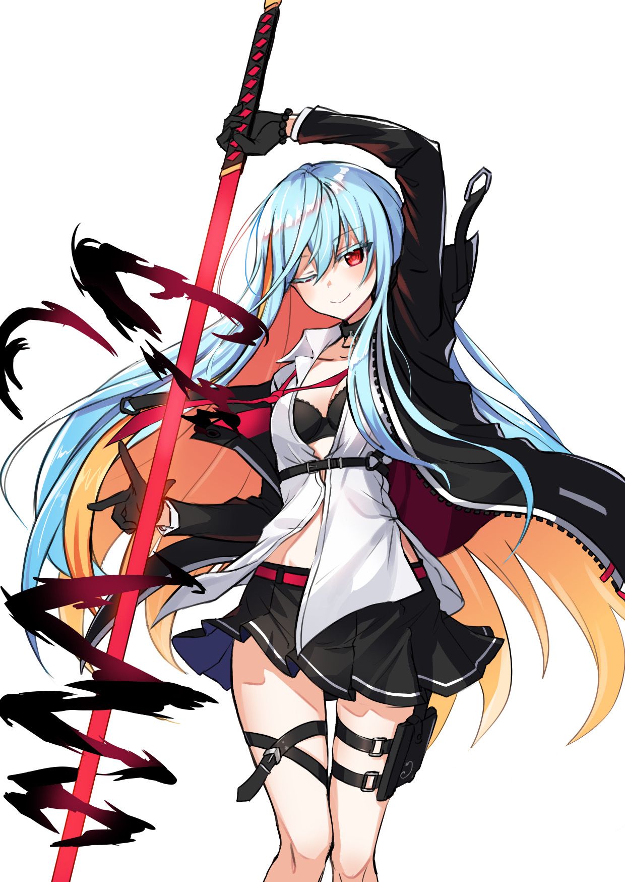 1girl, arm_over_head, bangs, black_bra, black_gloves, black_jacket, black_skirt, bra