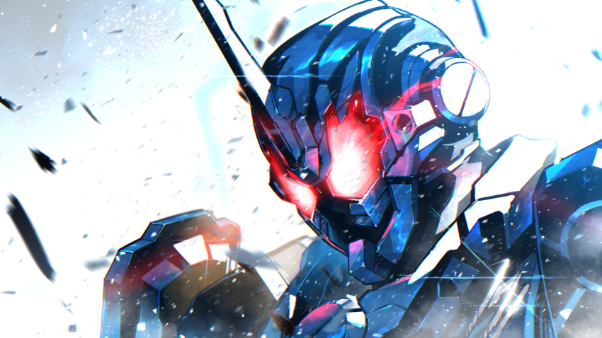 1boy, armor, debris, glowing, glowing_eyes, grease_blizzard, highres, horns