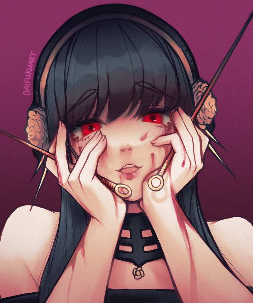 1girl, bangs, bare_shoulders, between_fingers, black_hair, blood, blood_on_arm, blood_on_face, blood_on_hands, commentary, crazy_eyes, daifukucat, english_commentary, eyebrows_visible_through_hair, flower, hairband, hands_on_own_cheeks, hands_on_own_face, hands_up, head_tilt, highres, holding, holding_weapon, lipstick, looking_at_viewer, makeup, mirai_nikki, parody, parted_lips, portrait, purple_background, red_eyes, round_teeth, sidelocks, simple_background, solo, spikes, spy_x_family, teeth, tongue, twitter_username, updo, weapon, yandere, yandere_trance, yor_briar