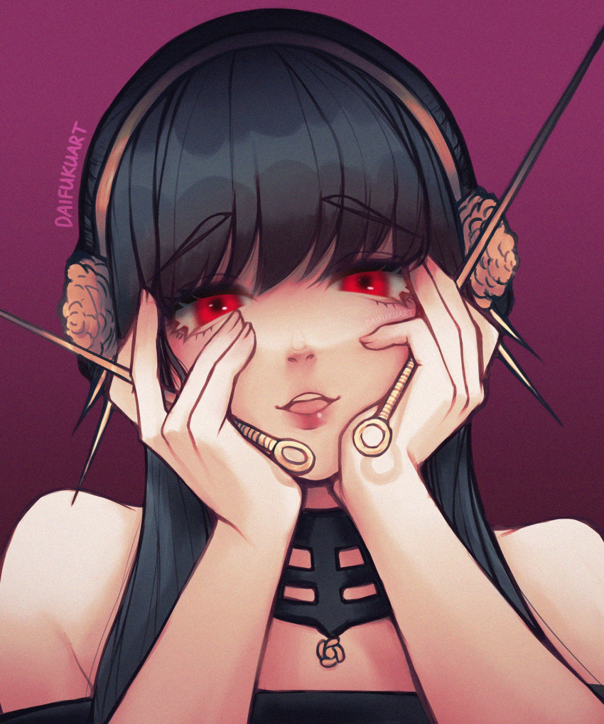 1girl, bangs, bare_shoulders, between_fingers, black_hair, commentary, crazy_eyes, daifukucat, english_commentary, eyebrows_visible_through_hair, flower, hairband, hands_on_own_cheeks, hands_on_own_face, hands_up, head_tilt, highres, holding, holding_weapon, lipstick, looking_at_viewer, makeup, mirai_nikki, parody, parted_lips, portrait, purple_background, red_eyes, round_teeth, sidelocks, simple_background, solo, spikes, spy_x_family, teeth, tongue, twitter_username, updo, weapon, yandere, yandere_trance, yor_briar