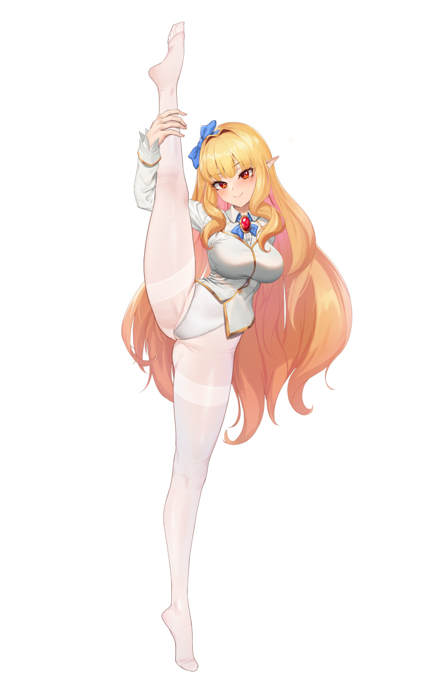 1girl, absurdres, arm_around_leg, arm_behind_back, bangs, blonde_hair, blue_bow, blush