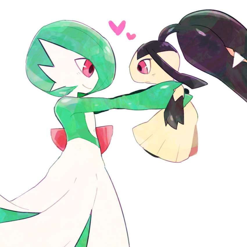 1girl, 1other, arms_up, bangs, black_hair, black_skin, blunt_bangs, blush