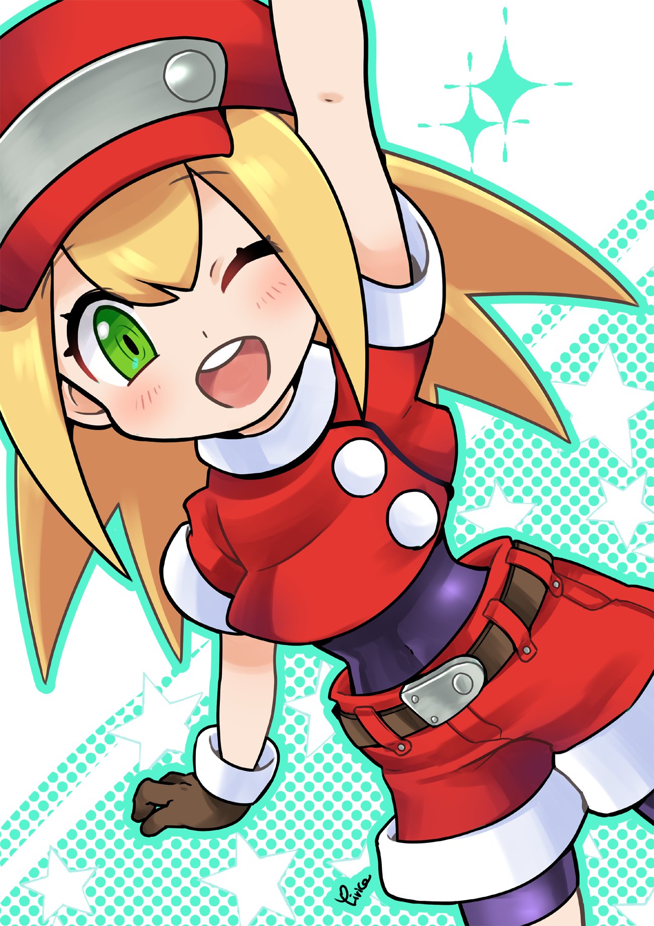 1girl, belt, bike_shorts, blonde_hair, brown_gloves, cabbie_hat, cropped_jacket, gloves